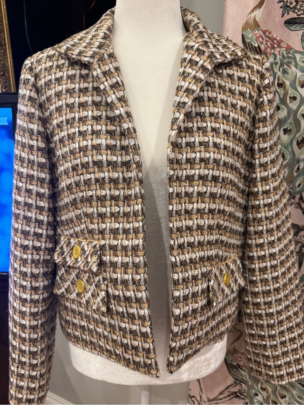 Chicos Wool-Blend Tweed Cropped Jacket in Brown & cream size 1